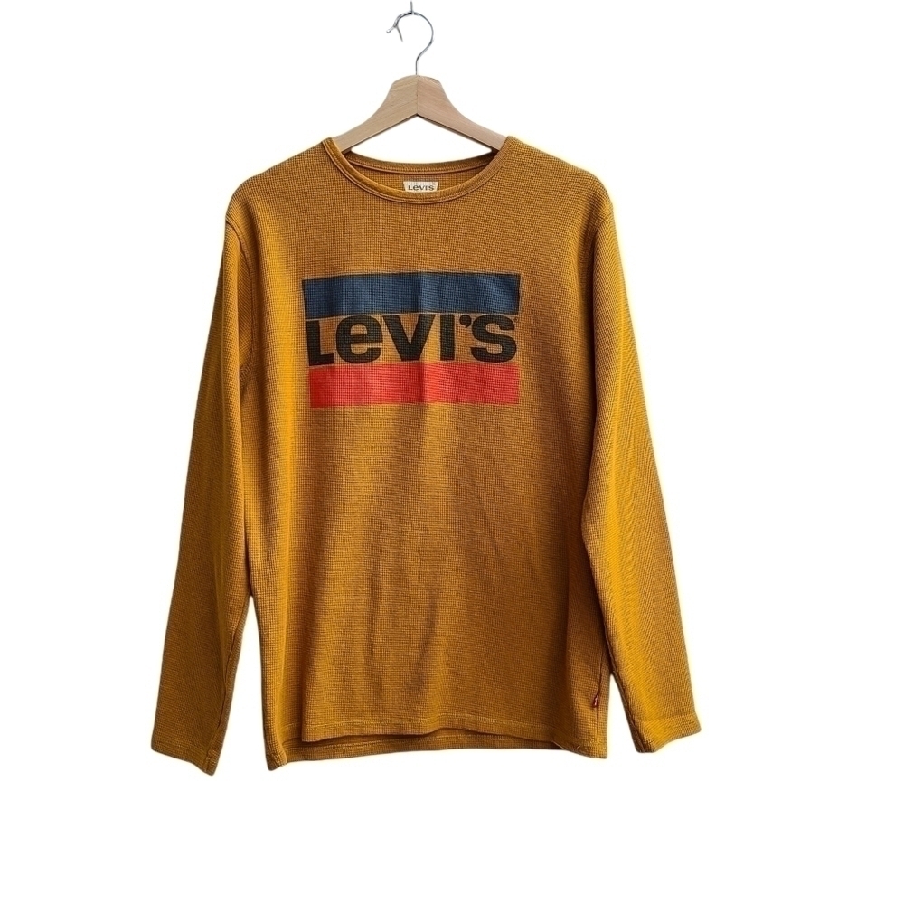 Levi's Mustard Yellow Waffle Knit Thermal Shirt Long Sleeve Logo Top Medium